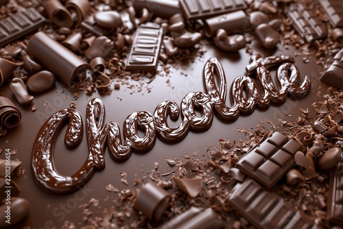 Chocolate word typography lettering written with melted liquid cocoa surrounded by broken chocolate bars chunks and sweet shavings indulgent confectionery dessert banner background concept