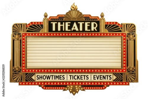 Vintage Art Deco Theater Marquee Sign with Blank Message Board and Glowing Red Lights Isolated on White Background