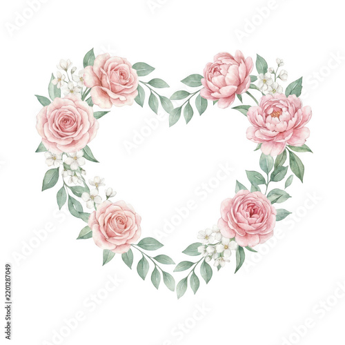 Beautiful pink roses watercolor flower heart wreath design isolated on transparent background