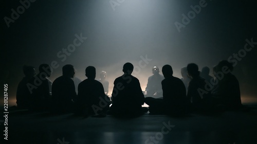 Mysterious group of people sitting in circle under dramatic spotlight beam in dark room representing secret society confidential meeting support therapy group concept