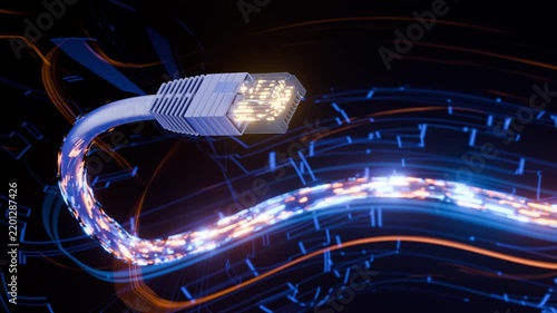 Client-server connection concept. Operation of network protocols. Data transmission over the Internet. A futuristic RJ-45 connector for connecting to a local area network or the Internet.