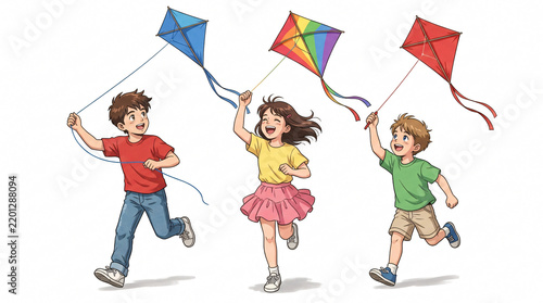 Children Having Fun Flying Colorful Kites