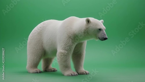 A majestic polar bear stands on a green background in a studio setting.