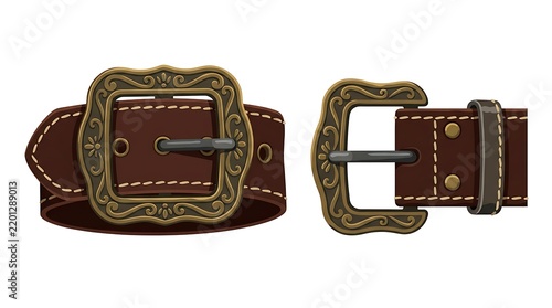 Leather Belt with Ornate Brass Buckle Isolated on White Background for Fashion and Design Elements