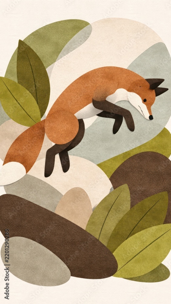 Fototapeta premium Stylized fox amidst abstract foliage mobile wallpaper