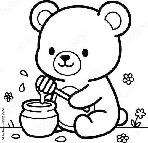 Charming bear cub enjoys honey from a jar with a wooden dipper black line art