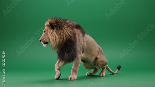Majestic Male Lion Standing Proudly on a Green Screen Background.