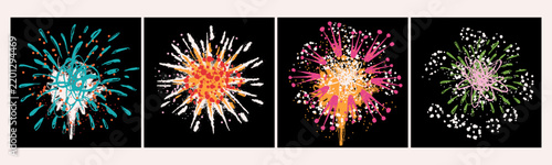 Beautiful Fireworks set. Sparkling effects, glittering firework bursts, bright explosions. Hand drawn Vector illustration. Isolated design elements. Pyrotechnic celebration, holiday, new year concept
