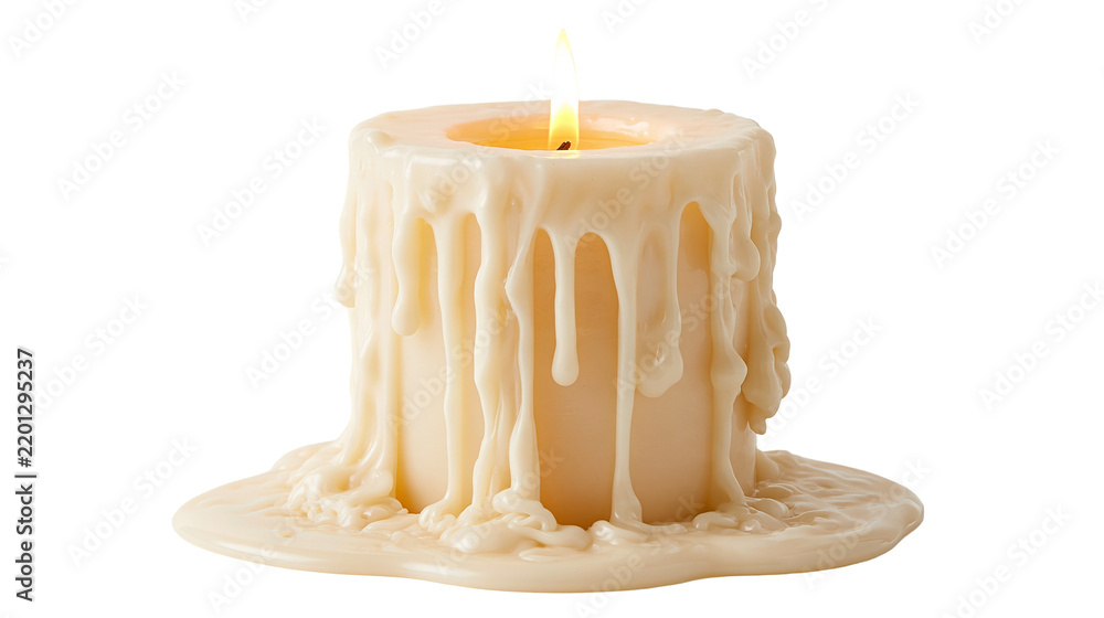 Fototapeta premium Cream colored pillar candle with melting wax drips and glowing flame