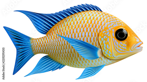 Vibrant yellow and blue cichlid fish with detailed scales and large dark eye