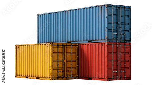 Stacked blue yellow and red metal shipping containers for global freight transport