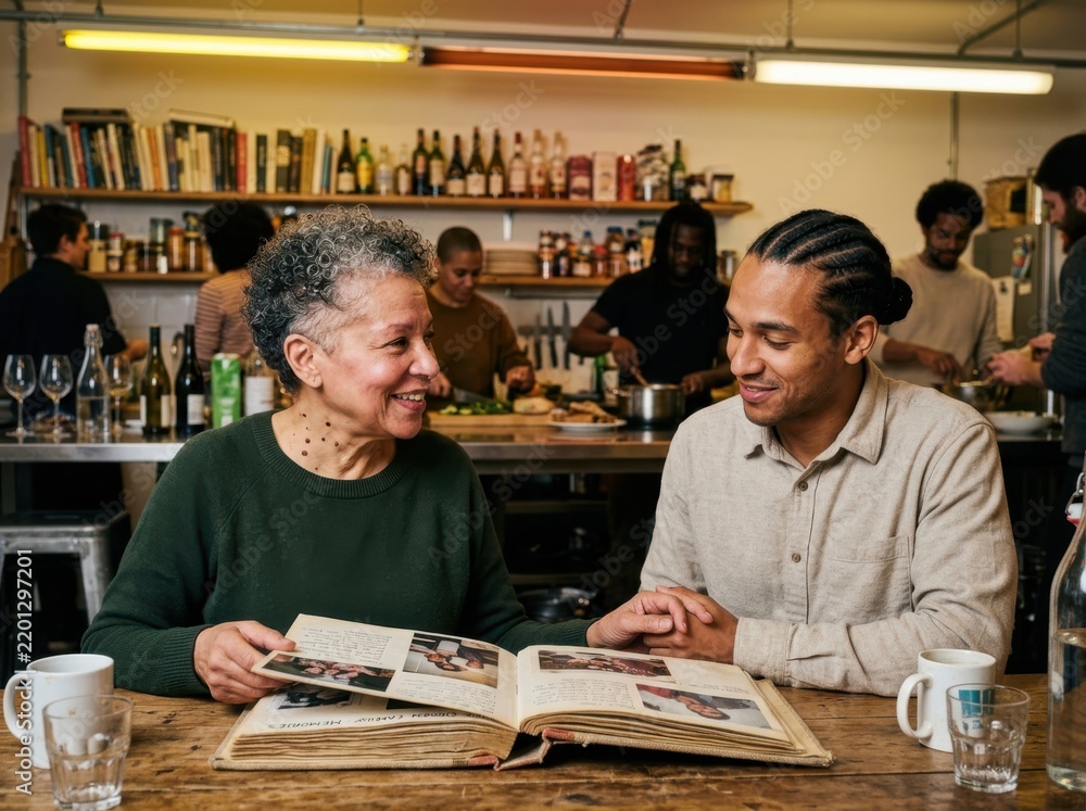 Fototapeta premium Photo Album Conversation at a Cozy Community Cafe