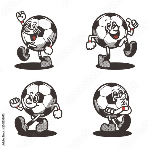 Groovy Soccer sport ball character in retro cartoon bundle. Mascot, vector, icon, collection, sticker, vintage, illustration, set, funny, logo, comic, football