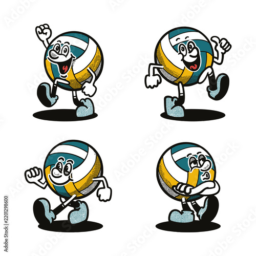 Groovy volley ball sport character in retro cartoon bundle. Mascot, vector, collection, sticker, icon, vintage, illustration, set, funny, comic, logo