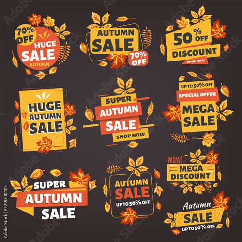 Vector illustration of orange autumn sale badges. Discount promotion design combines bold marketing style with seasonal autumn theme for business and commerce use.