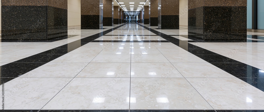 Obraz premium Low angle view of a long polished marble and black tile hallway in a corporate lobby with reflective floor and columns
