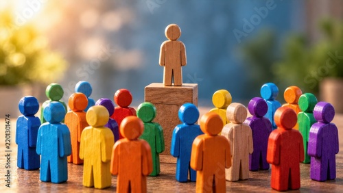 Natural wood leader figure standing on podium above colorful crowd represents leadership and public speaking.