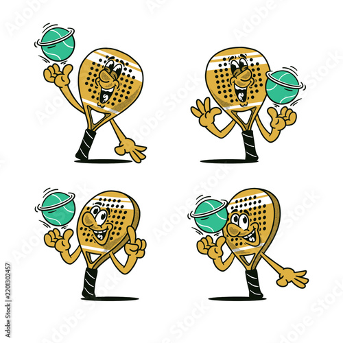 Groovy padel racket and ball character in retro cartoon bundle. Mascot, vector, icon, collection, sticker, vintage, illustration, set, funny, logo, comic, editable, sport