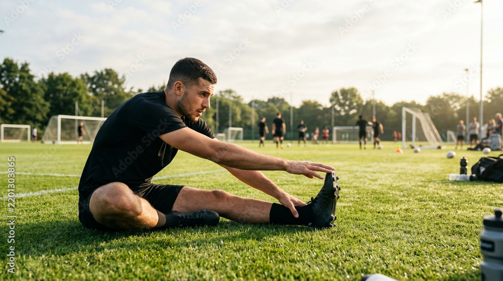 Fototapeta premium A young male athlete in black sportswear performing a seated hamstring stretch on a green grass soccer field during a training session with teammates and goalposts in the background.