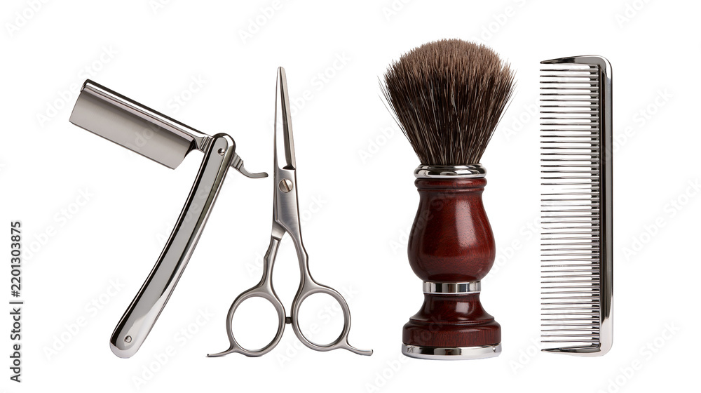 Obraz premium Straight razor barber scissors, wooden shaving brush and metal comb set