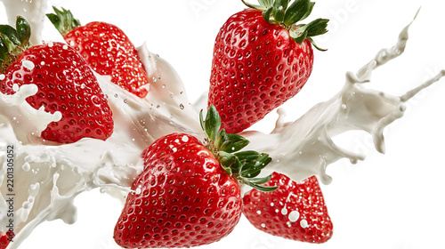 Fresh red strawberries splashing in creamy white milk