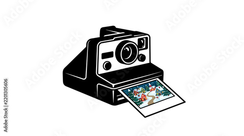 Vintage polaroid camera ejecting a winter scene photograph black silhouette