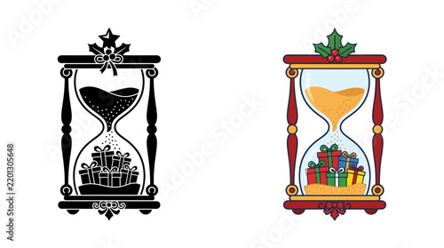 Hourglass with gifts and holly illustration in a festive style