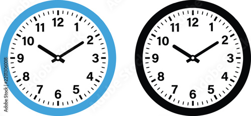 Two round wall clocks with black and blue borders isolated on a white background