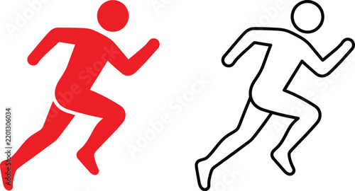 Red and black outline icons of a person running isolated on a white background