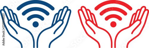 Two hands holding blue and red wifi signal icons for internet connectivity and wireless network