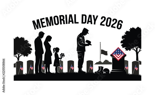 Memorial Day 2026 vector illustration with military veteran and grieving family silhouettes at cemetery