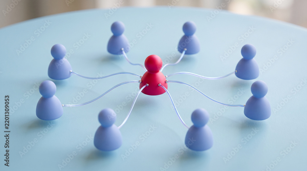 Obraz premium Abstract representation of a network, with a central red figure connected to multiple surrounding blue figures, symbolizing communication and collaboration