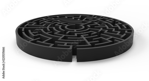 Black Circular Maze Labyrinth on Transparent Background PNG 3D. Stock image.