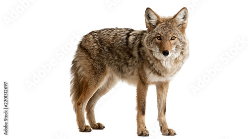 Full body portrait of a standing North American coyote with thick brown fur
