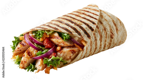 Grilled chicken wrap with fresh lettuce, red onion and tomatoes in toasted tortilla