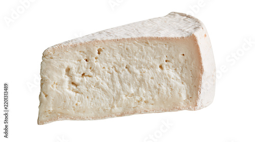 Wedge of creamy soft ripened brie cheese with a textured bloomy rind