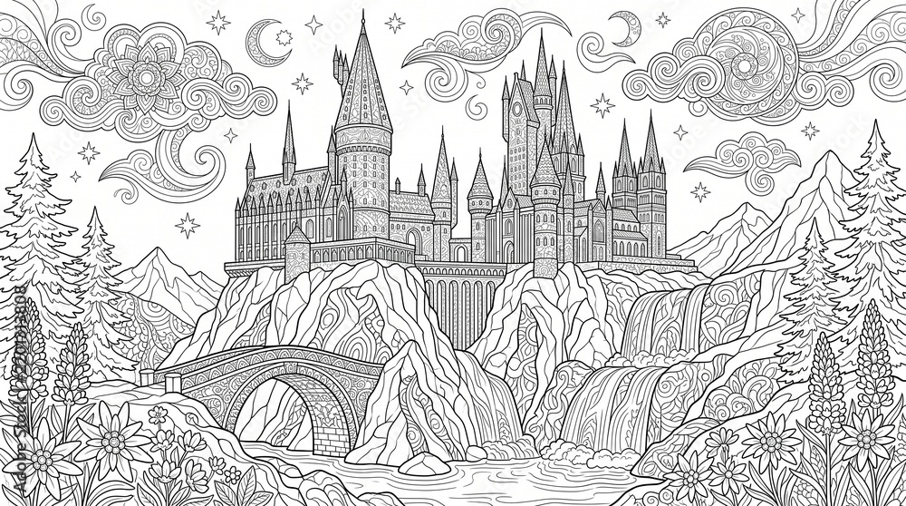 Obraz premium Fairytale Fantasy Castle on Mountain Cliff with Waterfalls Adult Antistress Coloring Page Line Art
