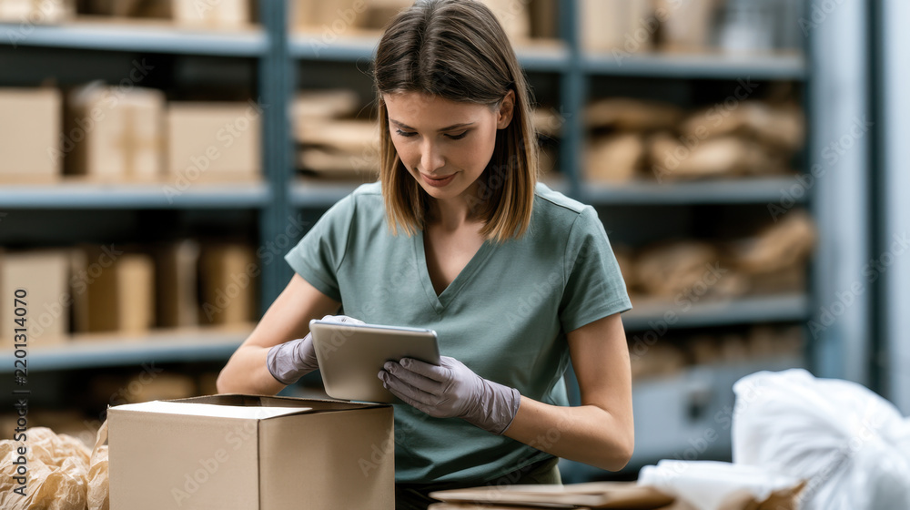 Obraz premium Female returns specialist using tablet to process customer return beside cardboard box in warehouse