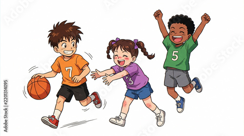 Happy Children Playing Basketball and Soccer Together in a Fun Group Sports Activity Cartoon Vector Illustration
