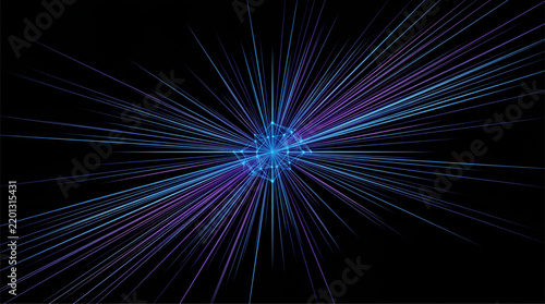 Geometric network node with radiant blue and purple light beams for advanced data transmission background in digital technology.