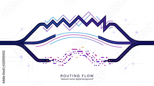 Abstract routing flow design with digital circuit lines and data particles for modern networking and technology backgrounds now.