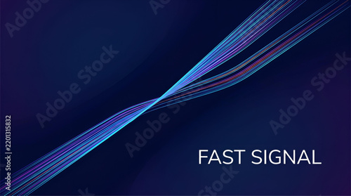 Fast signal vector art illustrates thin blue and purple streaks converging on dark navy background for rapid data movement.