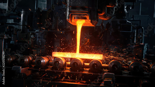 Molten metal is poured onto a glowing hot steel bar resting on rollers in an industrial foundry workshop, with sparks flying during metal processing.