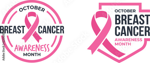 Pink breast cancer awareness month emblems featuring ribbons and shields