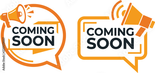 Coming soon promotional speech bubble icons with bright orange megaphone designs