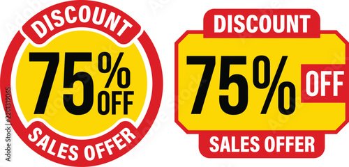 discount badges Bright yellow and red seventy five percent discount sales badges for retail promotion
