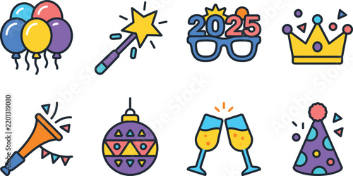 Colorful new year celebration icons with vibrant party event design elements