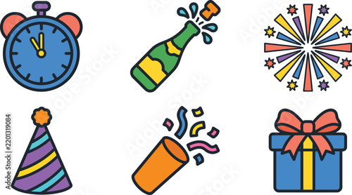 New year Vibrant holiday icons set featuring celebration elements in flat vector style