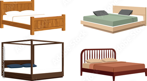 Bild auf Leinwand Wooden Bed Frame Vector Illustration Set Featuring Classic Oak Poster Bed Minima