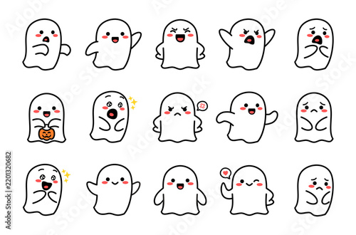 Cute Kawaii Halloween Ghost Character Sticker Set with Different Emotions